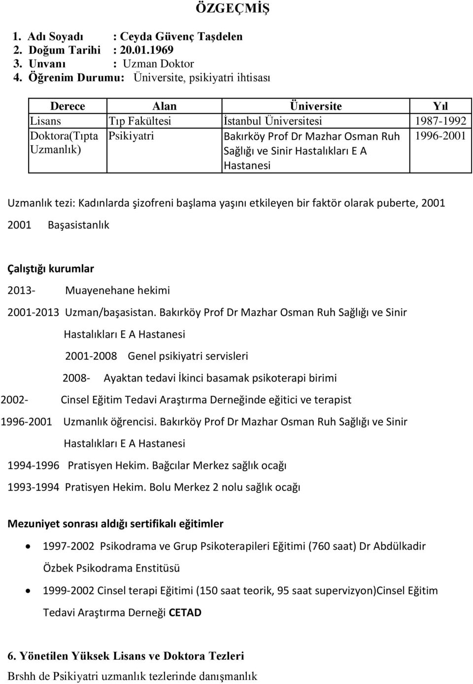 Sağlığı ve Sinir Hastalıkları E A Hastanesi 1996-2001 Uzmanlık tezi: Kadınlarda şizofreni başlama yaşını etkileyen bir faktör olarak puberte, 2001 2001 Başasistanlık Çalıştığı kurumlar 2013-