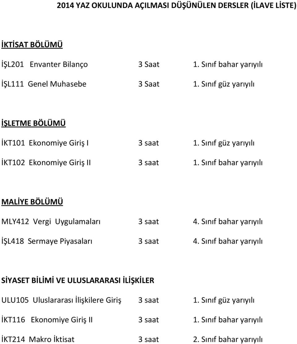 Sınıf bahar yarıyılı MALİYE BÖLÜMÜ MLY412 Vergi Uygulamaları 3 saat 4. Sınıf bahar yarıyılı İŞL418 Sermaye Piyasaları 3 saat 4.