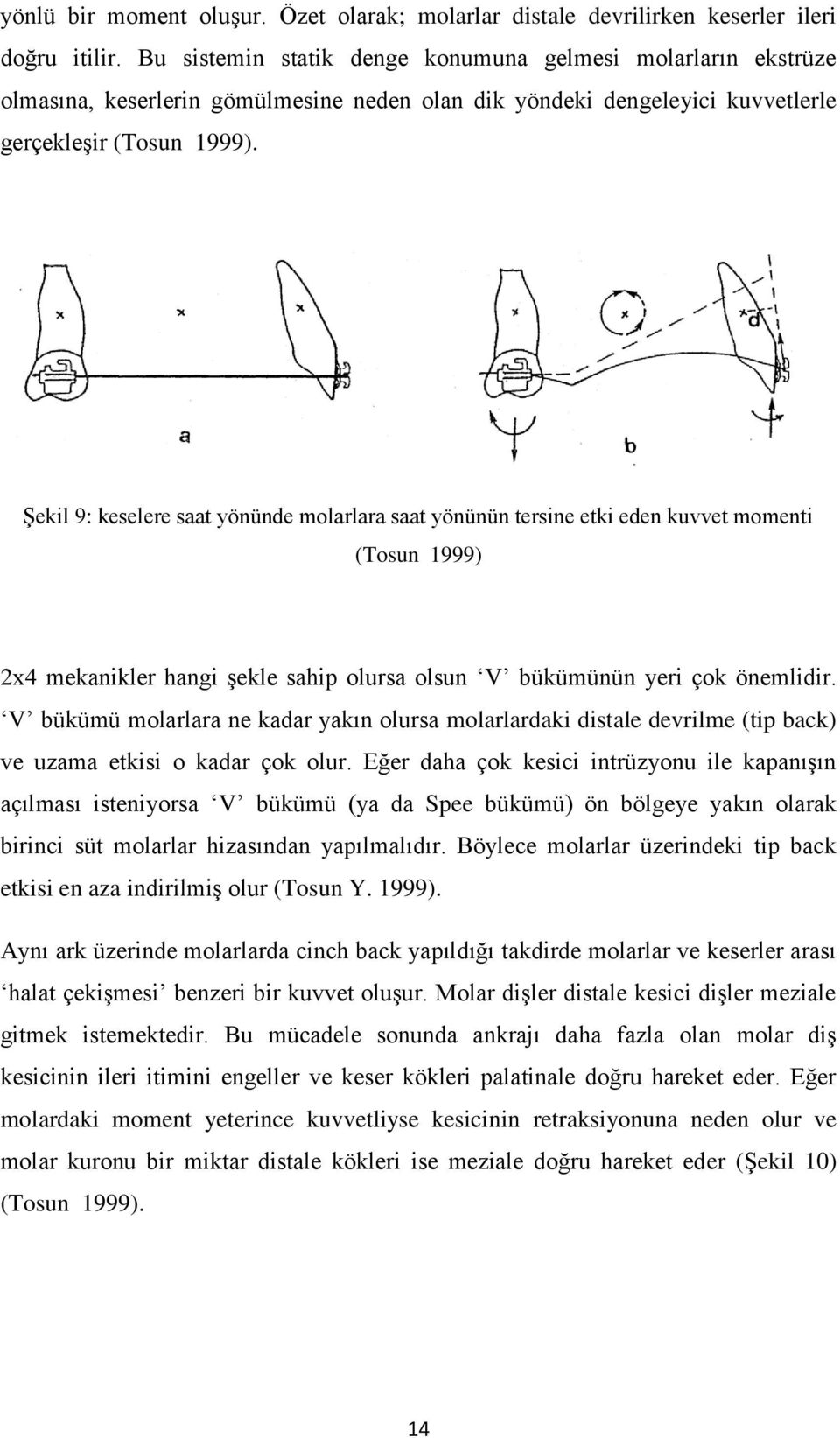 ġekil 9: keselere saat yönünde molarlara saat yönünün tersine etki eden kuvvet momenti (Tosun 1999) 2x4 mekanikler hangi Ģekle sahip olursa olsun V bükümünün yeri çok önemlidir.