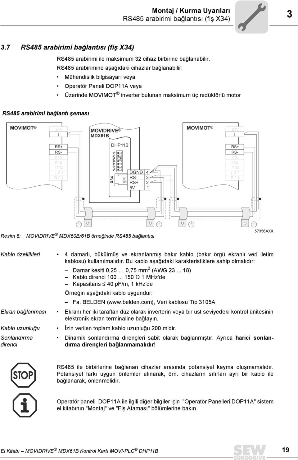 şeması MOVIMOT 24V MOVIDRIVE MDX61B MOVIMOT 24V RS+ RS- K1b K1a f1/f2 L R DHP11B 2 2 1 2 2 2 3 2 4 2 5 2 6 X34 1 DGND RS- 4 3 RS+ 2 5V 1 RS+ RS- K1b K1a f1/f2 L R Resim 8: MOVIDRIVE MDX6B/61B