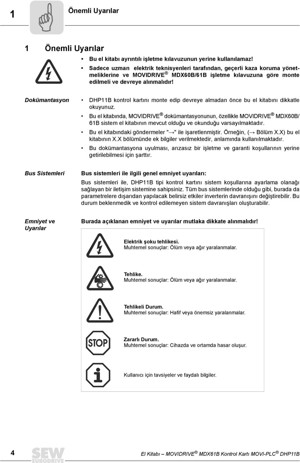 Dokümantasyon DHP11B kontrol kartını monte edip devreye almadan önce bu el kitabını dikkatle okuyunuz.