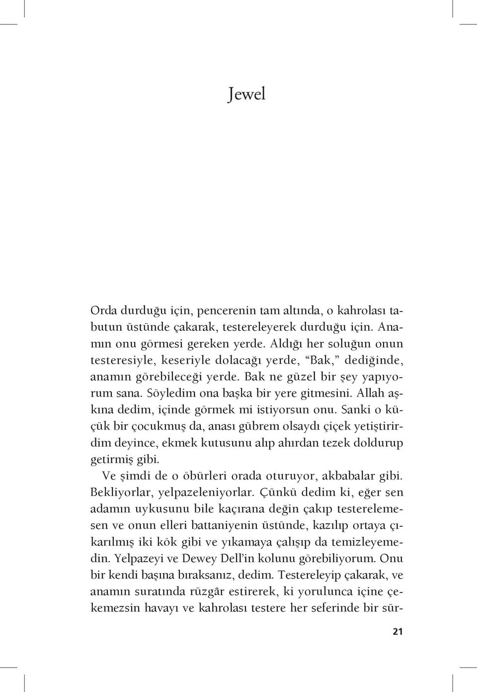 Allah aşkına dedim, içinde görmek mi istiyorsun onu. Sanki o küçük bir çocukmuş da, anası gübrem olsaydı çiçek yetiştirirdim deyince, ekmek kutusunu alıp ahırdan tezek doldurup getirmiş gibi.