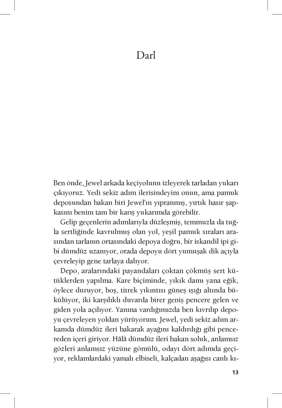 Gelip geçenlerin adımlarıyla düzleşmiş, temmuzla da tuğla sertliğinde kavrulmuş olan yol, yeşil pamuk sıraları arasından tarlanın ortasındaki depoya doğru, bir iskandil ipi gibi dümdüz uzanıyor,