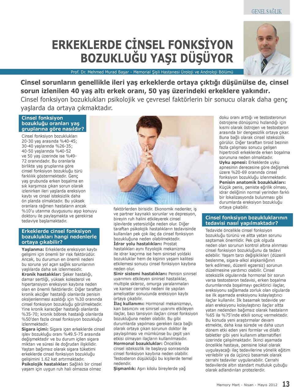 oranı, 50 yaş üzerindeki erkeklere yakındır. Cinsel fonksiyon bozuklukları psikolojik ve çevresel faktörlerin bir sonucu olarak daha genç yaşlarda da ortaya çıkmaktadır.