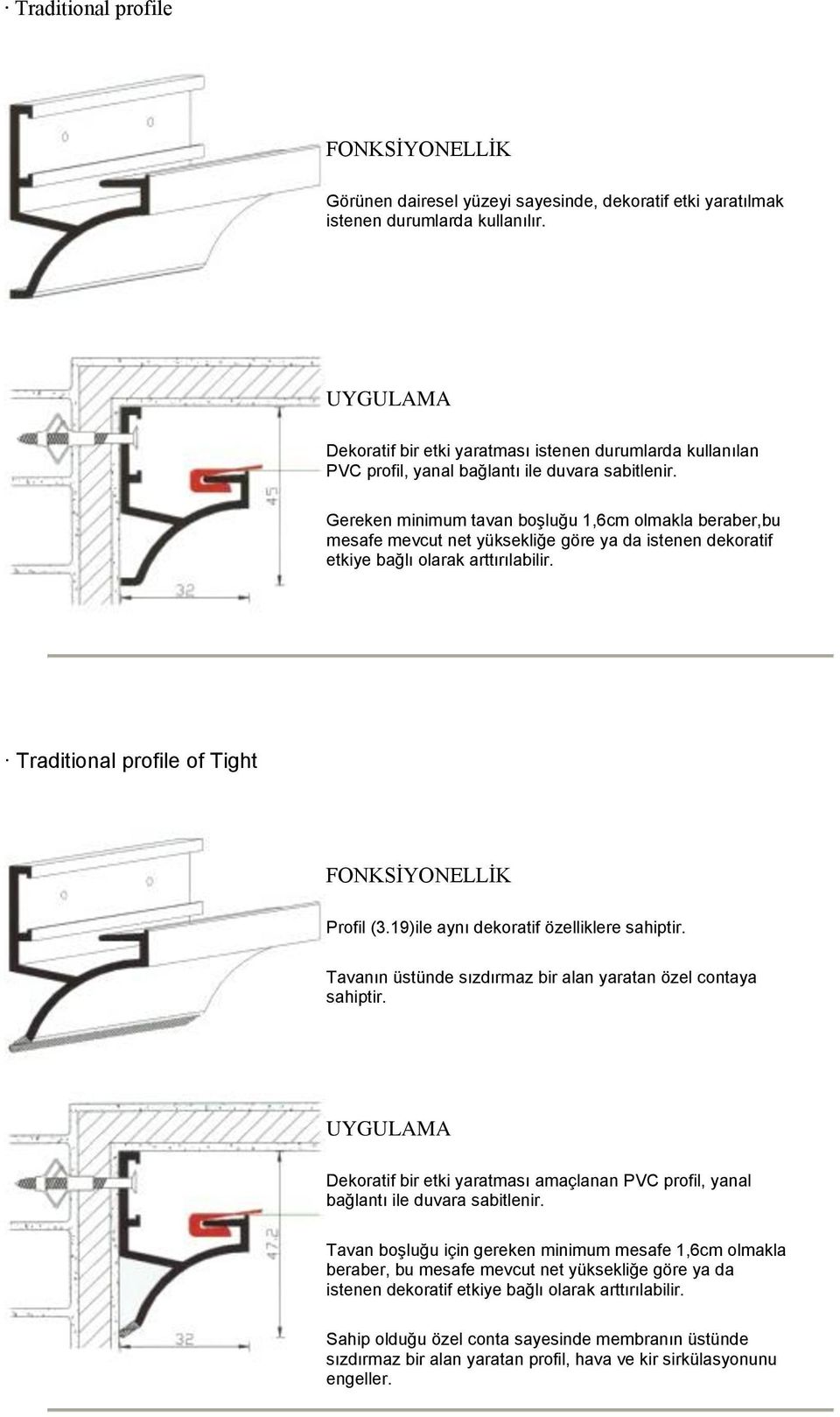 Gereken minimum tavan boşluğu 1,6cm olmakla beraber,bu mesafe mevcut net yüksekliğe göre ya da istenen dekoratif etkiye bağlı olarak arttırılabilir. Traditional profile of Tight Profil (3.