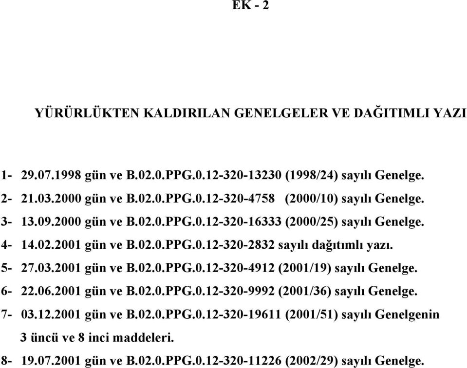 6-22.06.2001 gün ve B.02.0.PPG.0.12-320-9992 (2001/36) sayılı Genelge. 7-03.12.2001 gün ve B.02.0.PPG.0.12-320-19611 (2001/51) sayılı Genelgenin 3 üncü ve 8 inci maddeleri.
