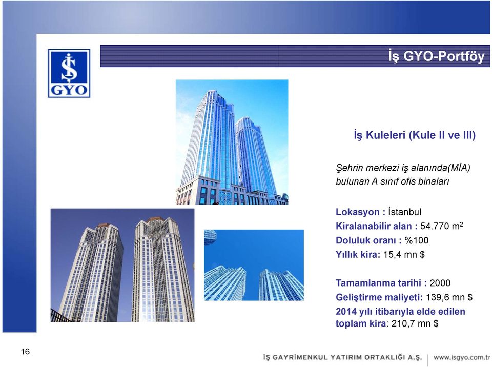 770 m 2 Doluluk oranı : %100 Yıllık kira: 15,4 mn $ Tamamlanma tarihi : 2000