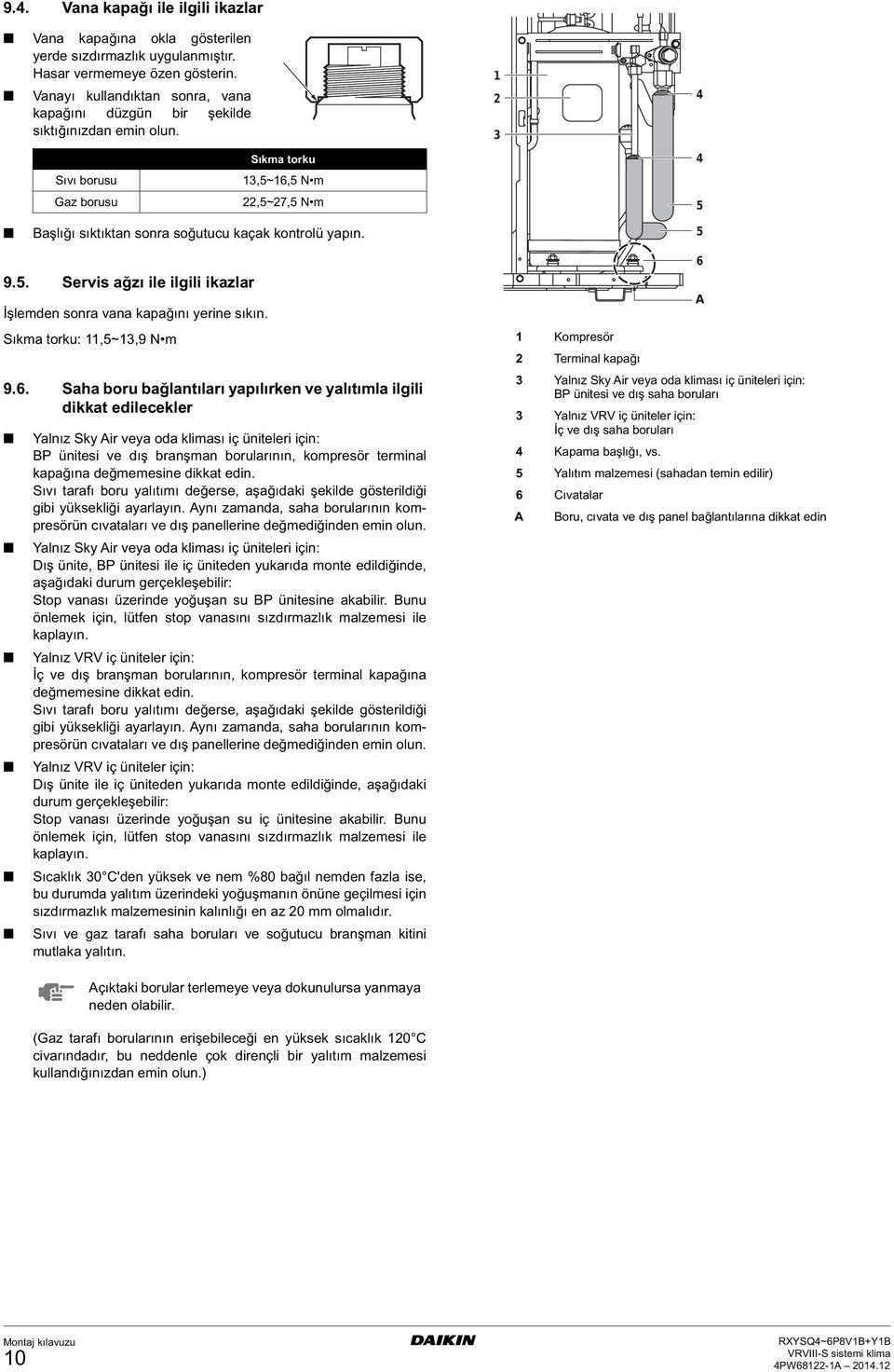 5 9.5. Servis ağzı ile ilgili ikazlar İşlemden sonra vana kapağını yerine sıkın. Sıkma torku:,5~,9 N m 9.6.