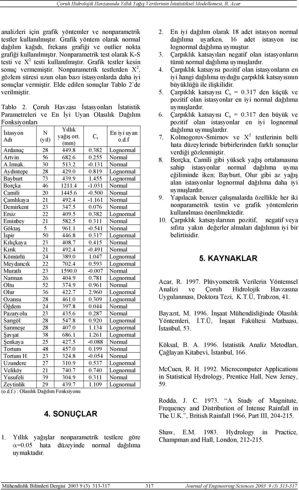 Nonparametrik testlerden X, gözlem süresi uzun olan bazı istasyonlarda daha iyi sonuçlar vermiştir. Elde edilen sonuçlar Tablo 