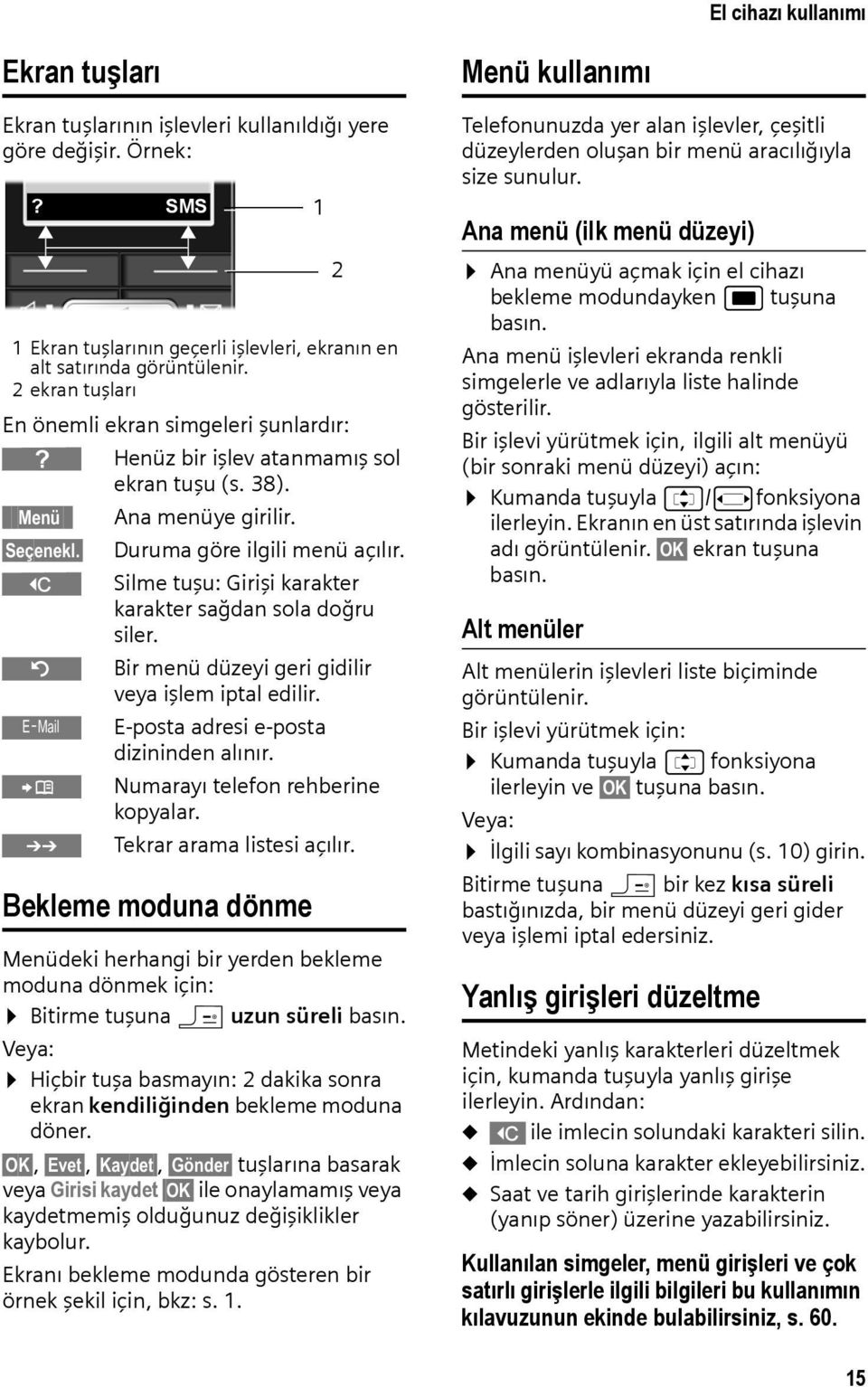 Silme tuşu: Girişi karakter karakter sağdan sola doğru siler. Bir menü düzeyi geri gidilir veya işlem iptal edilir. E-posta adresi e-posta dizininden alınır. Ó Numarayı telefon rehberine kopyalar.