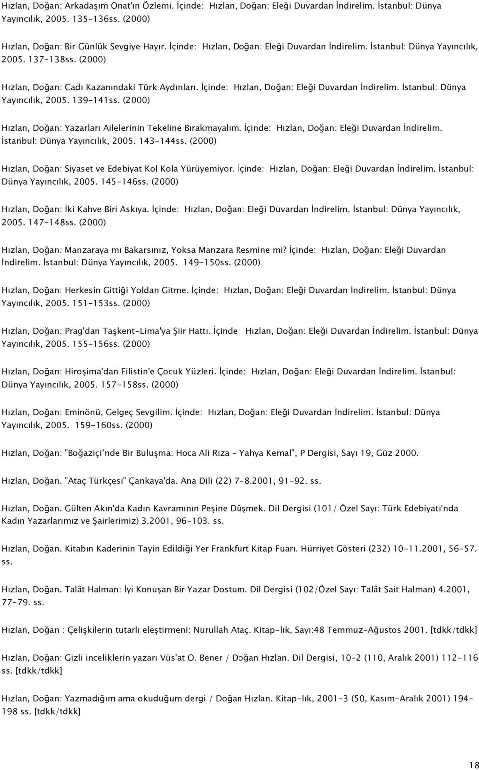 Ġstanbul: Dünya Yayıncılık, 2005. 139-141ss. (2000) Hızlan, Doğan: Yazarları Ailelerinin Tekeline Bırakmayalım. Ġçinde: Hızlan, Doğan: Eleği Duvardan Ġndirelim. Ġstanbul: Dünya Yayıncılık, 2005.