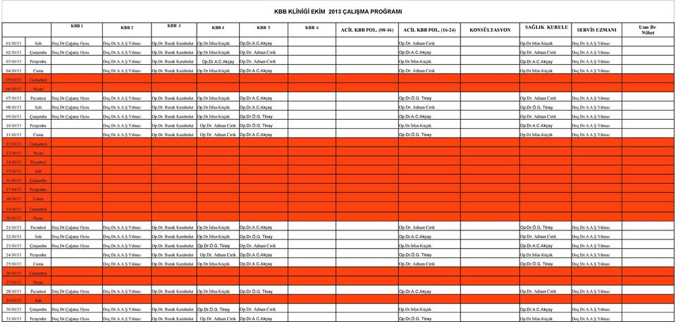 Dr.A.A.Ş.Yılmaz 03/10/13 Perşembe Doç.Dr.A.A.Ş.Yılmaz Op.Dr. Burak Karabulut Op.Dr.A.C.Akçay Op.Dr. Adnan Cırık Op.Dr.İrfan Küçük Op.Dr.A.C.Akçay Doç.Dr.A.A.Ş.Yılmaz 04/10/13 Cuma Doç.Dr.A.A.Ş.Yılmaz Op.Dr. Burak Karabulut Op.Dr.İrfan Küçük Op.Dr.A.C.Akçay Op.Dr. Adnan Cırık Op.Dr.İrfan Küçük Doç.