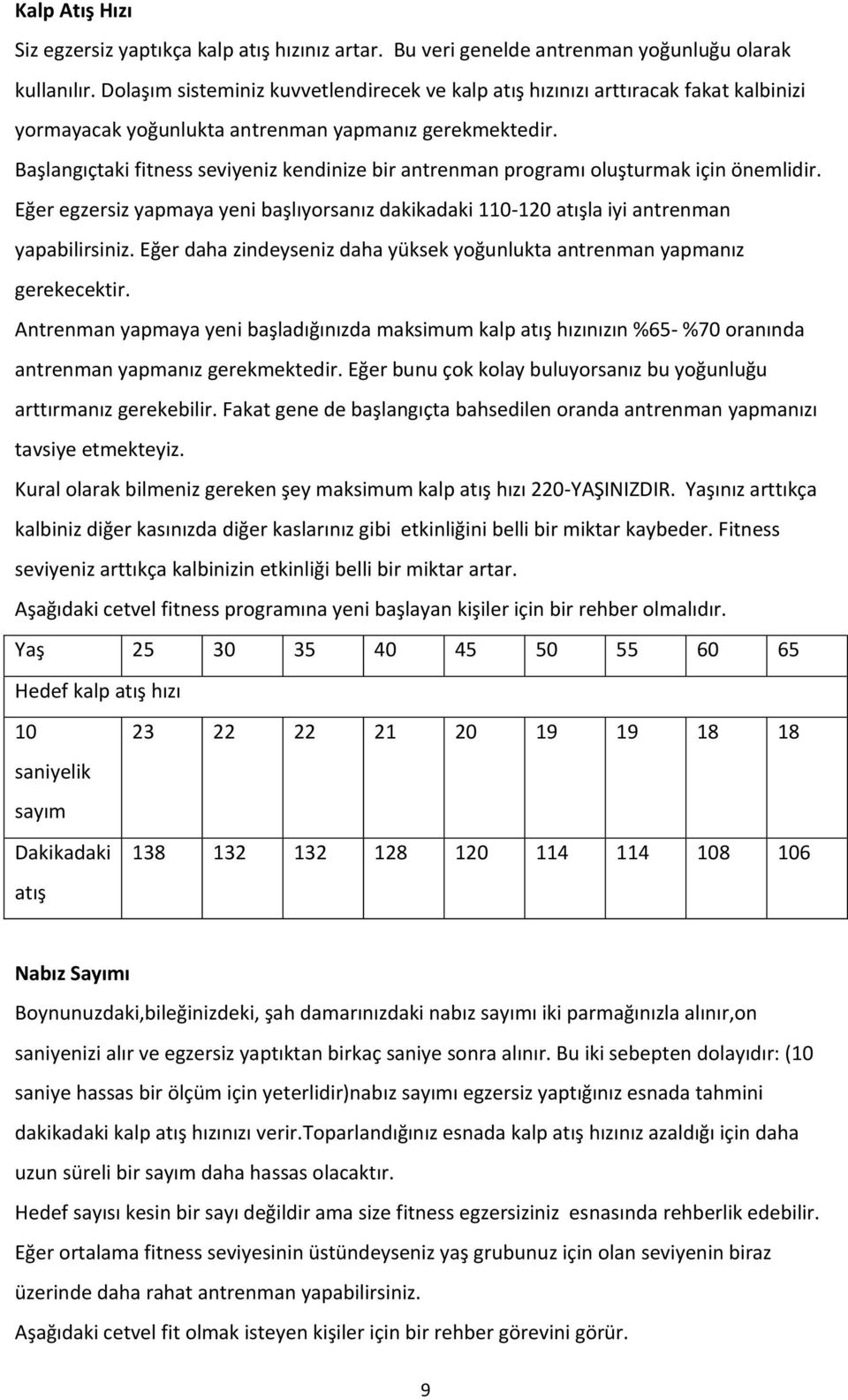 Başlangıçtaki fitness seviyeniz kendinize bir antrenman programı oluşturmak için önemlidir. Eğer egzersiz yapmaya yeni başlıyorsanız dakikadaki 110-120 atışla iyi antrenman yapabilirsiniz.