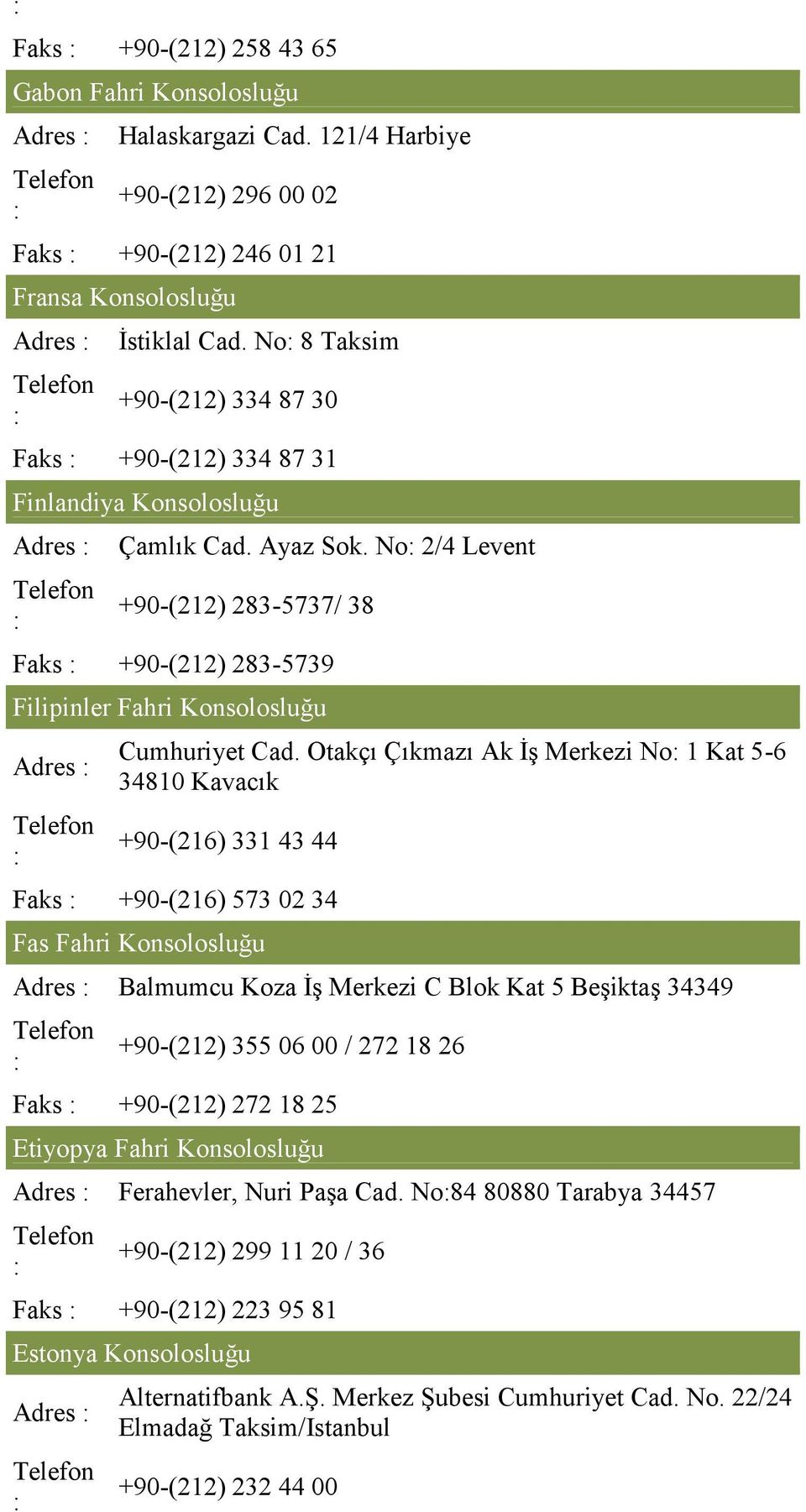 No 2/4 Levent +90-(212) 283-5737/ 38 Faks +90-(212) 283-5739 Filipinler Fahri Konsolosluğu Adres Cumhuriyet Cad.