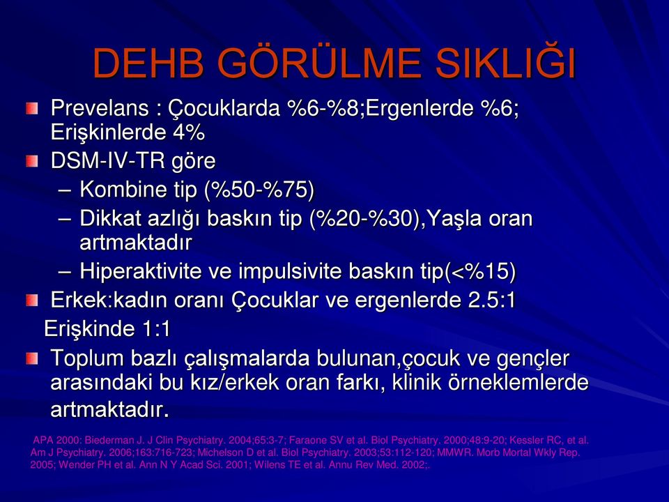 5:1 Erişkinde 1:1 Toplum bazlı çalışmalarda bulunan,çocuk ve gençler arasındaki bu kız/erkek oran farkı, klinik örneklemlerde artmaktadır. APA 2000: Biederman J. J Clin Psychiatry.