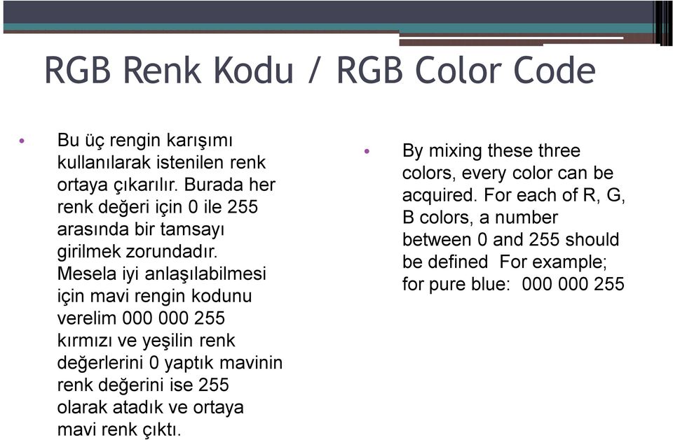 Mesela iyi anlaşılabilmesi için mavi rengin kodunu verelim 000 000 255 kırmızı ve yeşilin renk değerlerini 0 yaptık mavinin renk