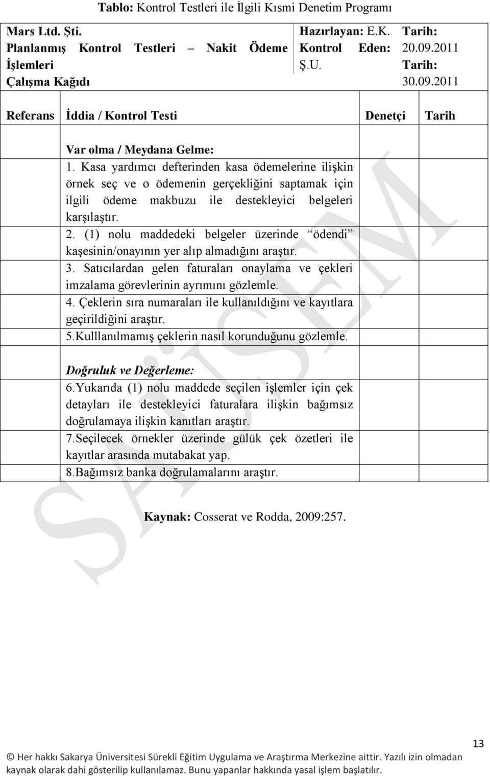 Kasa yardımcı defterinden kasa ödemelerine ilişkin örnek seç ve o ödemenin gerçekliğini saptamak için ilgili ödeme makbuzu ile destekleyici belgeleri karşılaştır. 2.