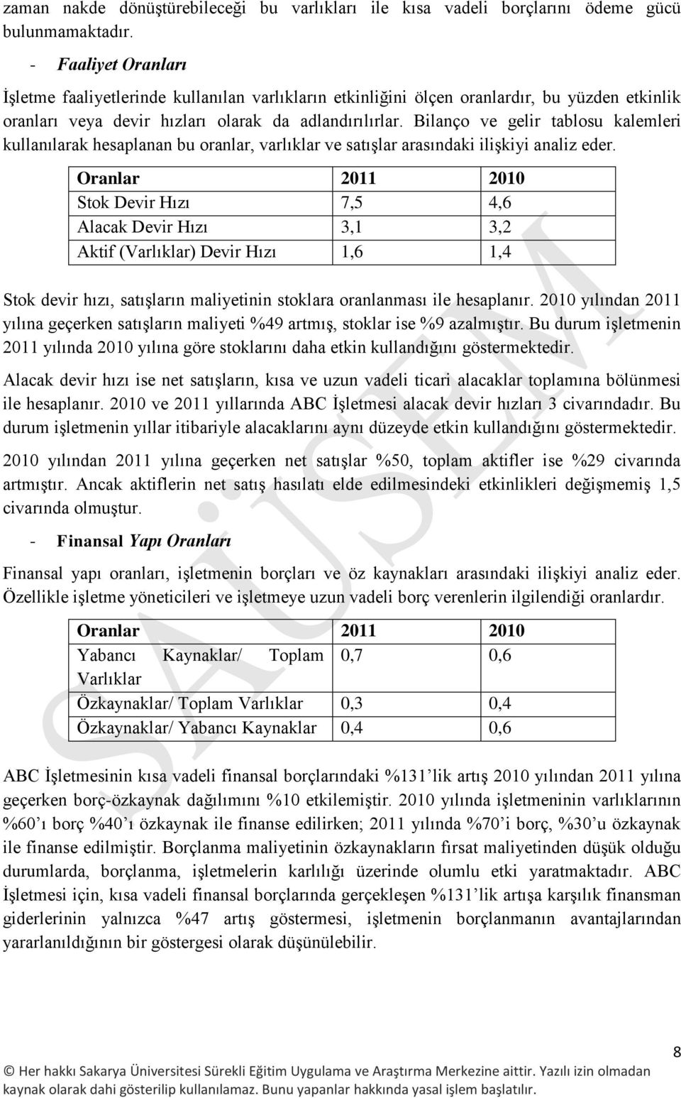 Bilanço ve gelir tablosu kalemleri kullanılarak hesaplanan bu oranlar, varlıklar ve satışlar arasındaki ilişkiyi analiz eder.