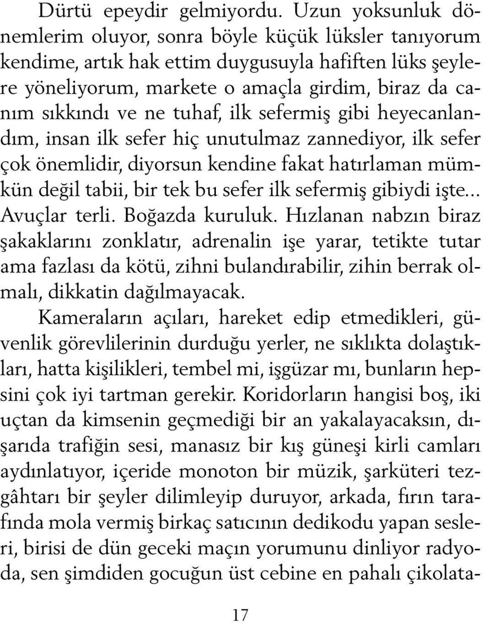 tuhaf, ilk sefermiş gibi heyecanlandım, insan ilk sefer hiç unutulmaz zannediyor, ilk sefer çok önemlidir, diyorsun kendine fakat hatırlaman mümkün değil tabii, bir tek bu sefer ilk sefermiş gibiydi