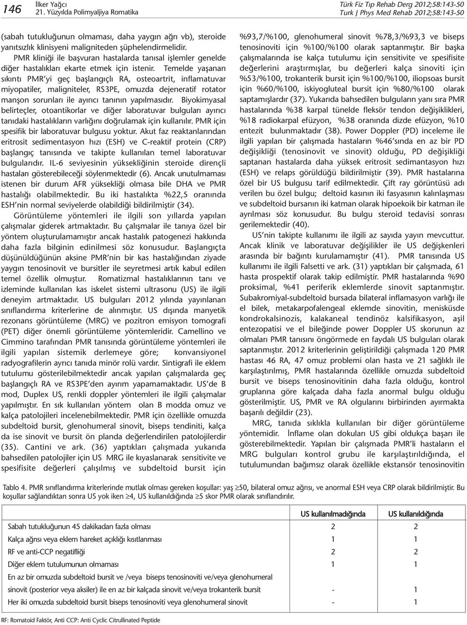 Temelde yaşanan sıkıntı PMR yi geç başlangıçlı RA, osteoartrit, inflamatuvar miyopatiler, maligniteler, RS3PE, omuzda dejeneratif rotator manşon sorunları ile ayırıcı tanının yapılmasıdır.