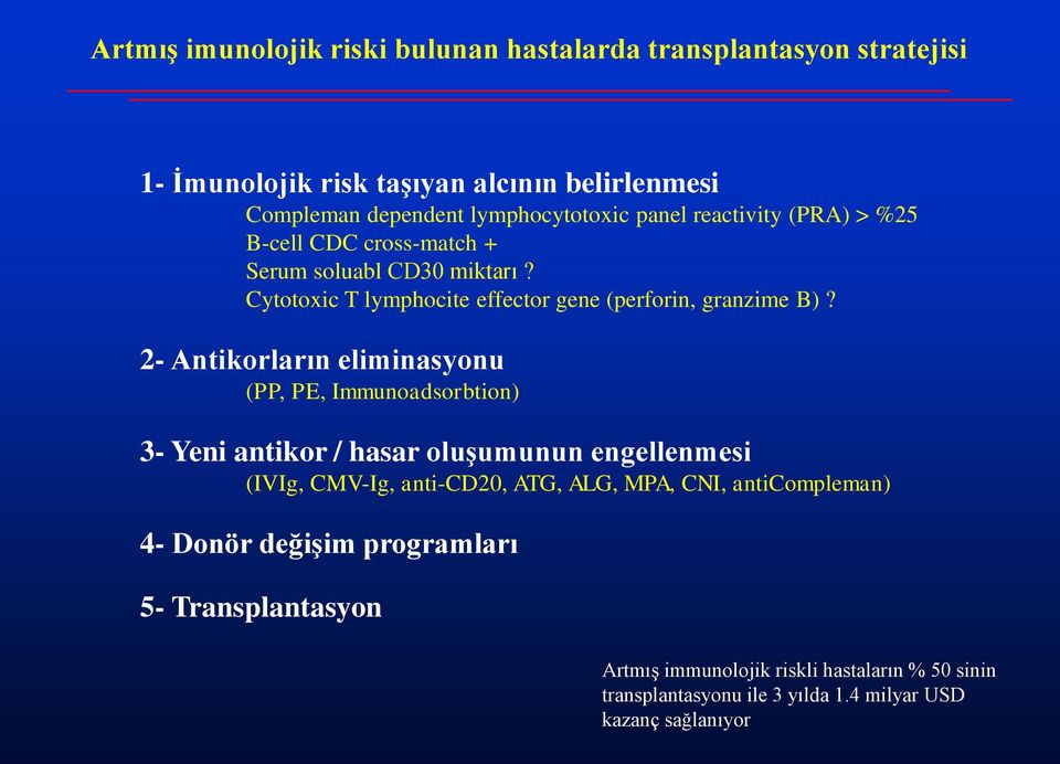 2- Antikorların eliminasyonu (PP, PE, Immunoadsorbtion) 3- Yeni antikor / hasar oluşumunun engellenmesi (IVIg, CMV-Ig, anti-cd20, ATG, ALG, MPA, CNI,