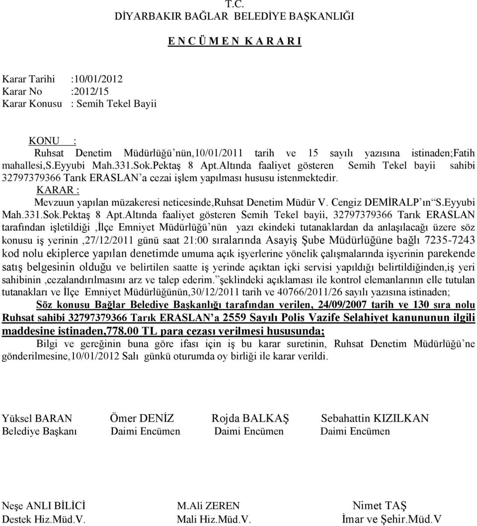 KARAR : Mevzuun yapılan müzakeresi neticesinde,ruhsat Denetim Müdür V. Cengiz DEMİRALP ın S.Eyyubi Mah.331.Sok.Pektaş 8 Apt.