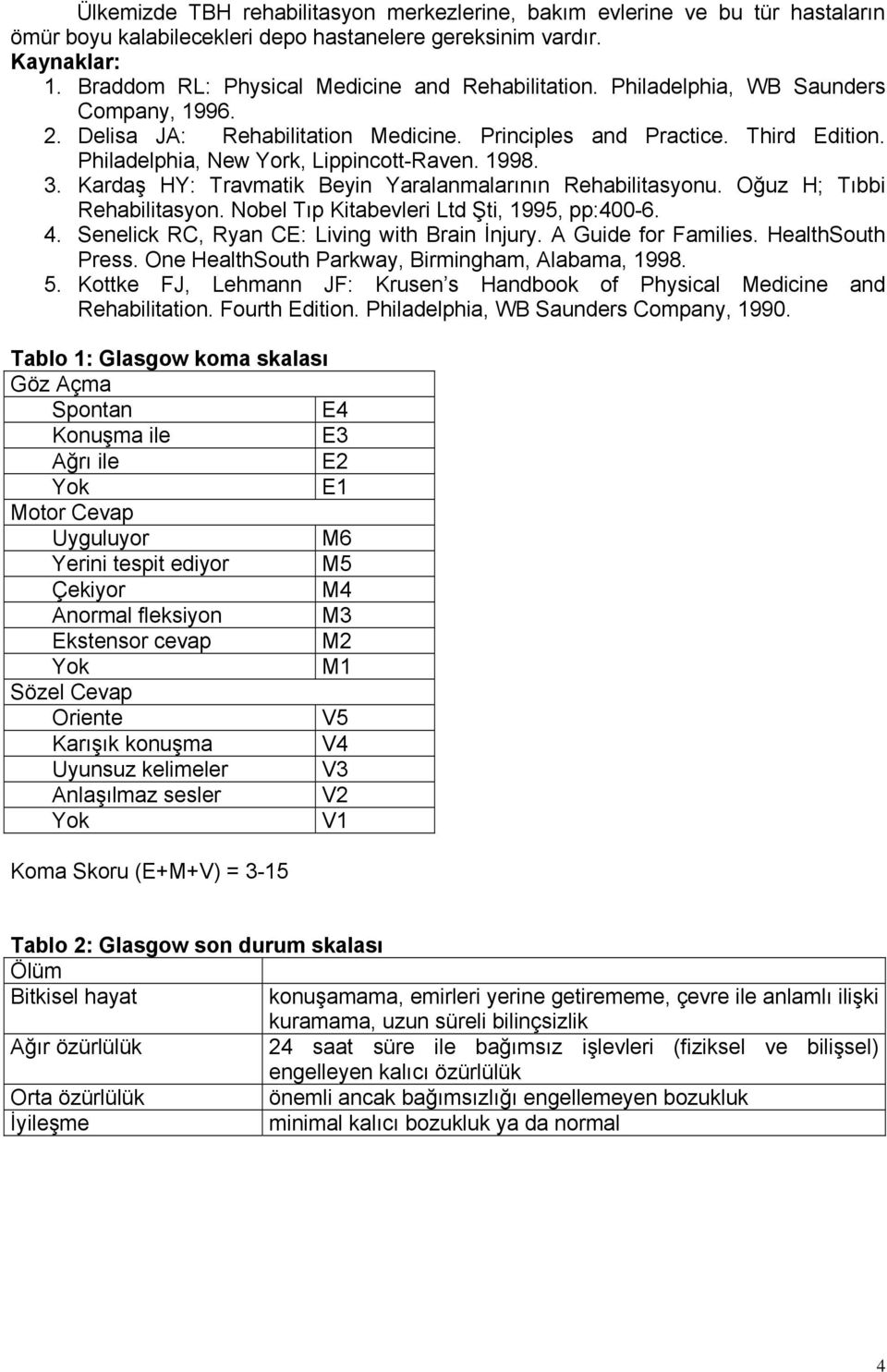Philadelphia, New York, Lippincott-Raven. 1998. 3. Kardaş HY: Travmatik Beyin Yaralanmalarının Rehabilitasyonu. Oğuz H; Tıbbi Rehabilitasyon. Nobel Tıp Kitabevleri Ltd Şti, 1995, pp:400-6. 4.