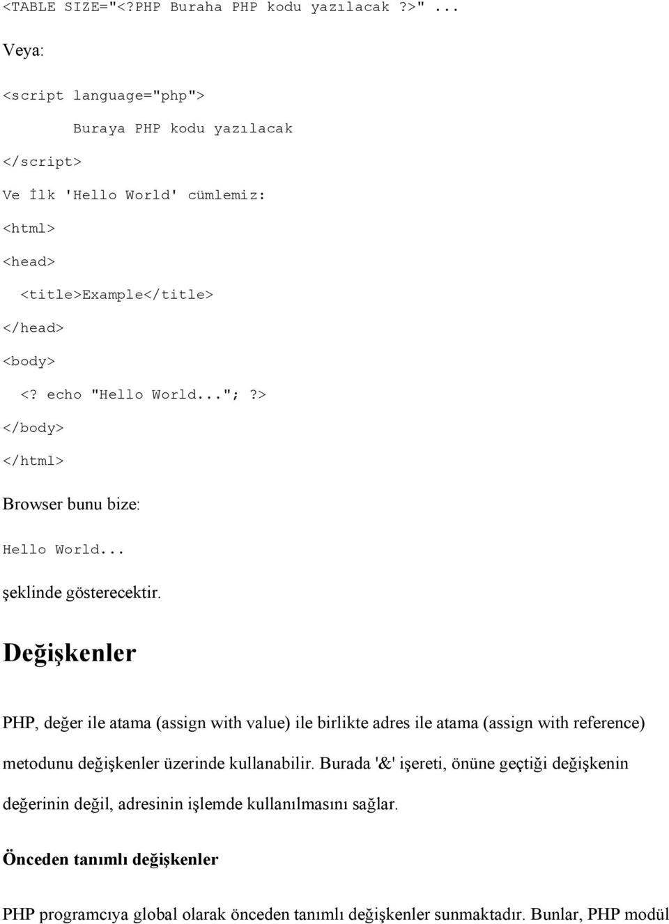 echo "Hello World...";?> </body> </html> Browser bunu bize: Hello World... şeklinde gösterecektir.