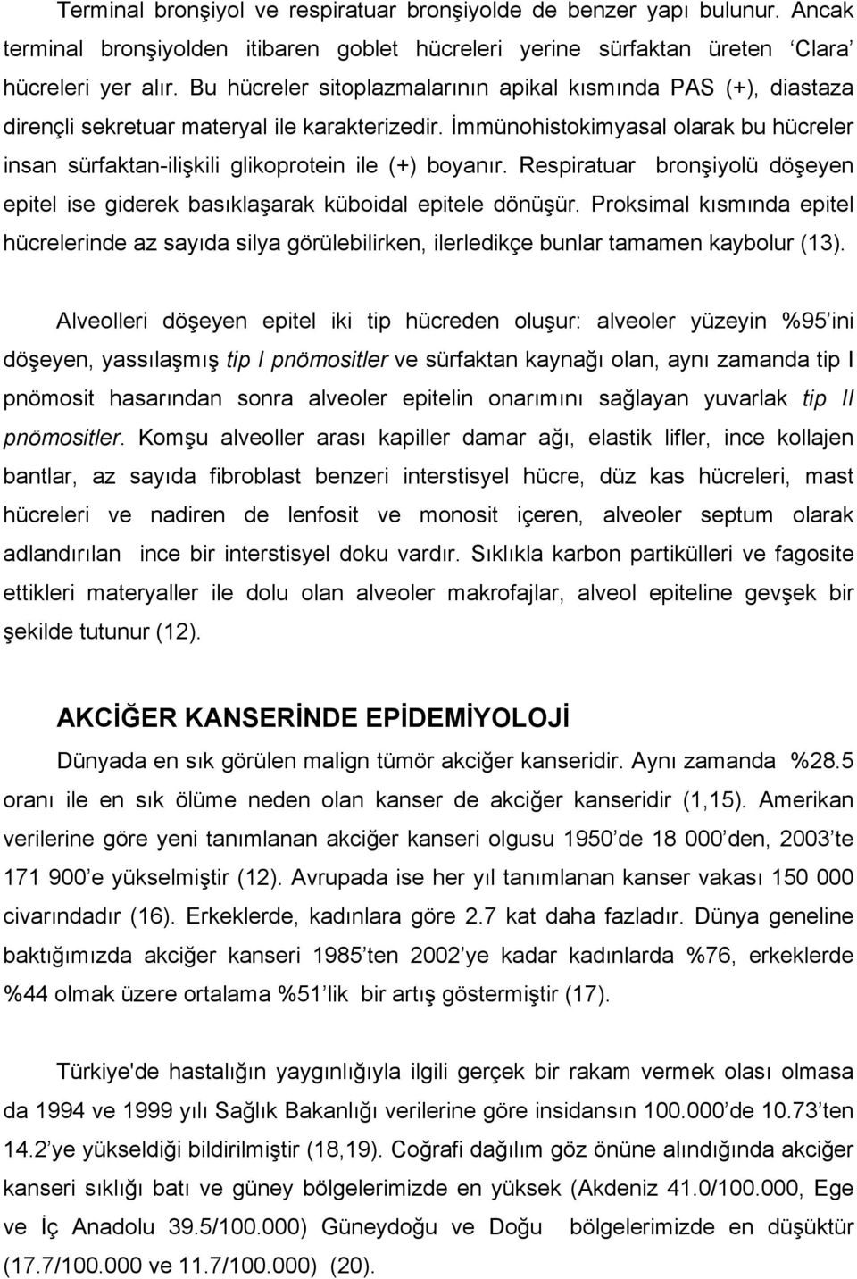 İmmünohistokimyasal olarak bu hücreler insan sürfaktan-ilişkili glikoprotein ile (+) boyanır. Respiratuar bronşiyolü döşeyen epitel ise giderek basıklaşarak küboidal epitele dönüşür.