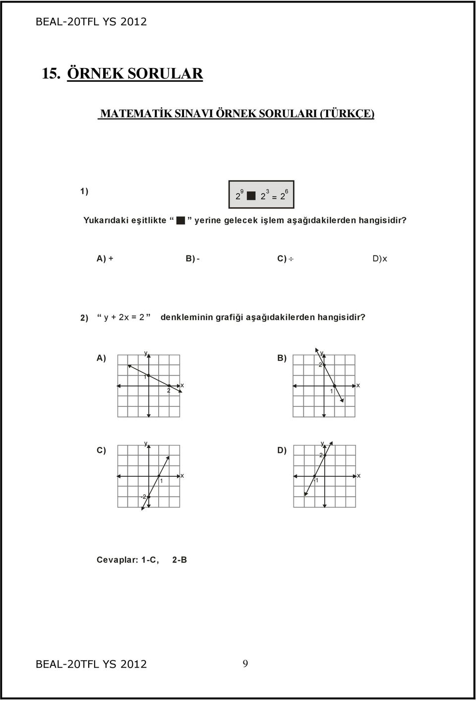 A) + B) - C) D)x 2) y + 2x = 2 denkleminin grafiği aşağıdakilerden hangisidir?