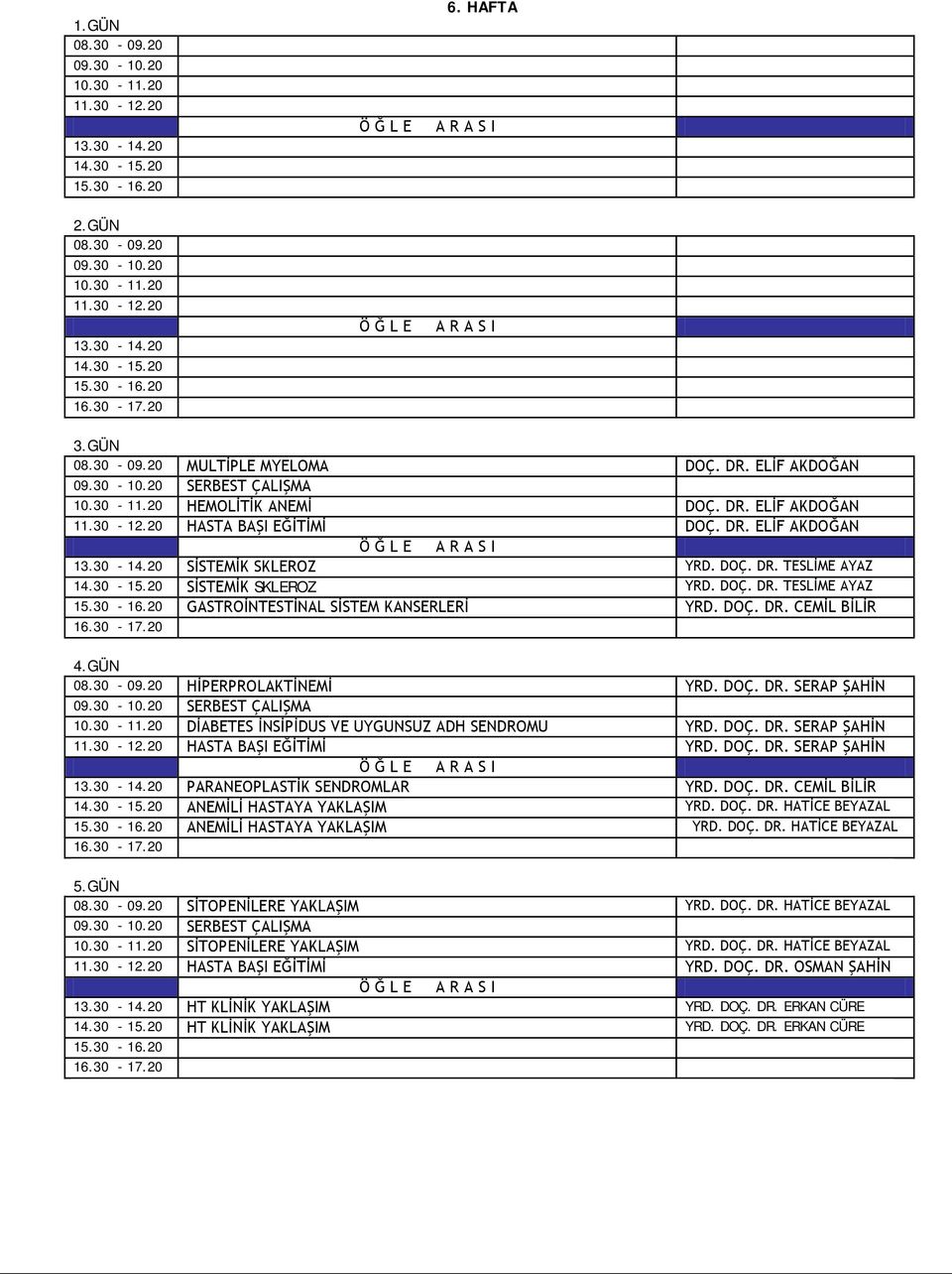20 SİSTEMİK SKLEROZ YRD. DOÇ. DR. TESLİME AYAZ GASTROİNTESTİNAL SİSTEM KANSERLERİ YRD. DOÇ. DR. CEMİL BİLİR 08.30-09.20 HİPERPROLAKTİNEMİ YRD. DOÇ. DR. SERAP ŞAHİN 10.30-11.
