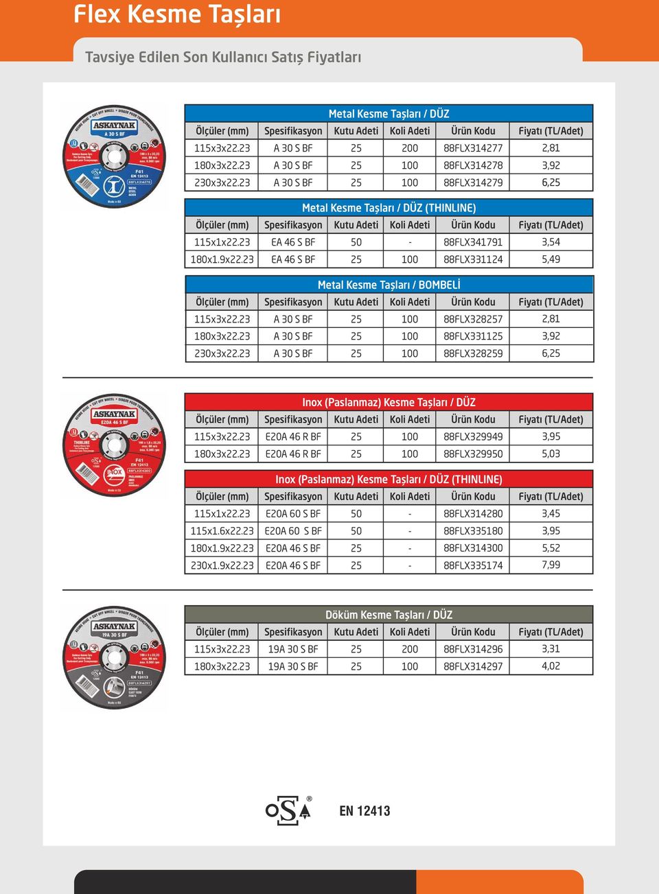 23 Metal Kesme Taşları / DÜZ (THINLINE) Spesifikasyon EA S BF EA S BF 25 0 Metal Kesme Taşları / BOMBELİ Spesifikasyon A 30 S BF A 30 S BF A 30 S BF 25 25 25 0 0 0 88FLX341791 88FLX331124 88FLX328257