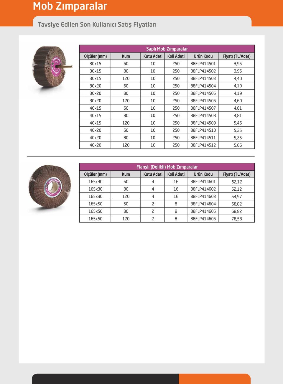 88FLP4145 5,25 x20 2 88FLP414511 5,25 x20 120 2 88FLP414512 5,66 Flanşlı (Delikli) Mob Zımparalar Kum 165x30 4 16 88FLP4141 52,12