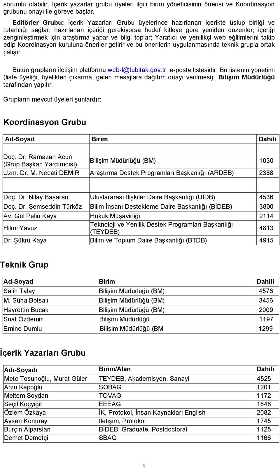 için araştırma yapar ve bilgi toplar; Yaratıcı ve yenilikçi web eğilimlerini takip edip Koordinasyon kuruluna öneriler getirir ve bu önerilerin uygulanmasında teknik grupla ortak çalışır.