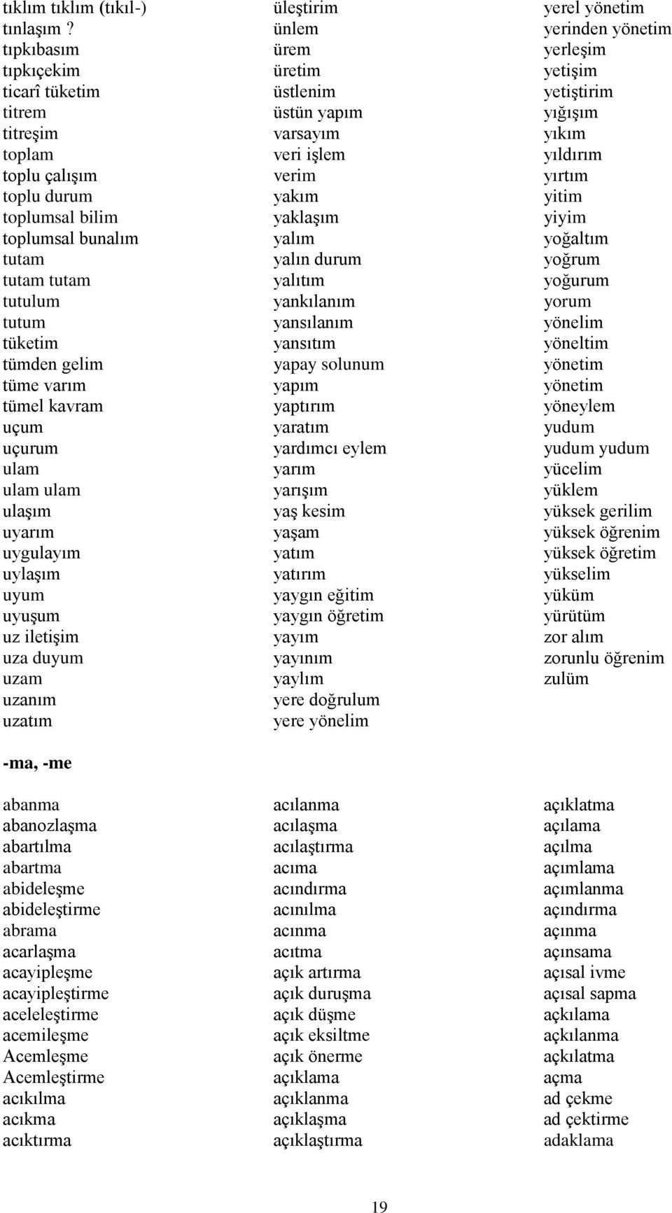 uçum uçurum ulam ulam ulam ulaşım uyarım uygulayım uylaşım uyum uyuşum uz iletişim uza duyum uzam uzanım uzatım -ma, -me abanma abanozlaşma abartılma abartma abideleşme abideleştirme abrama acarlaşma