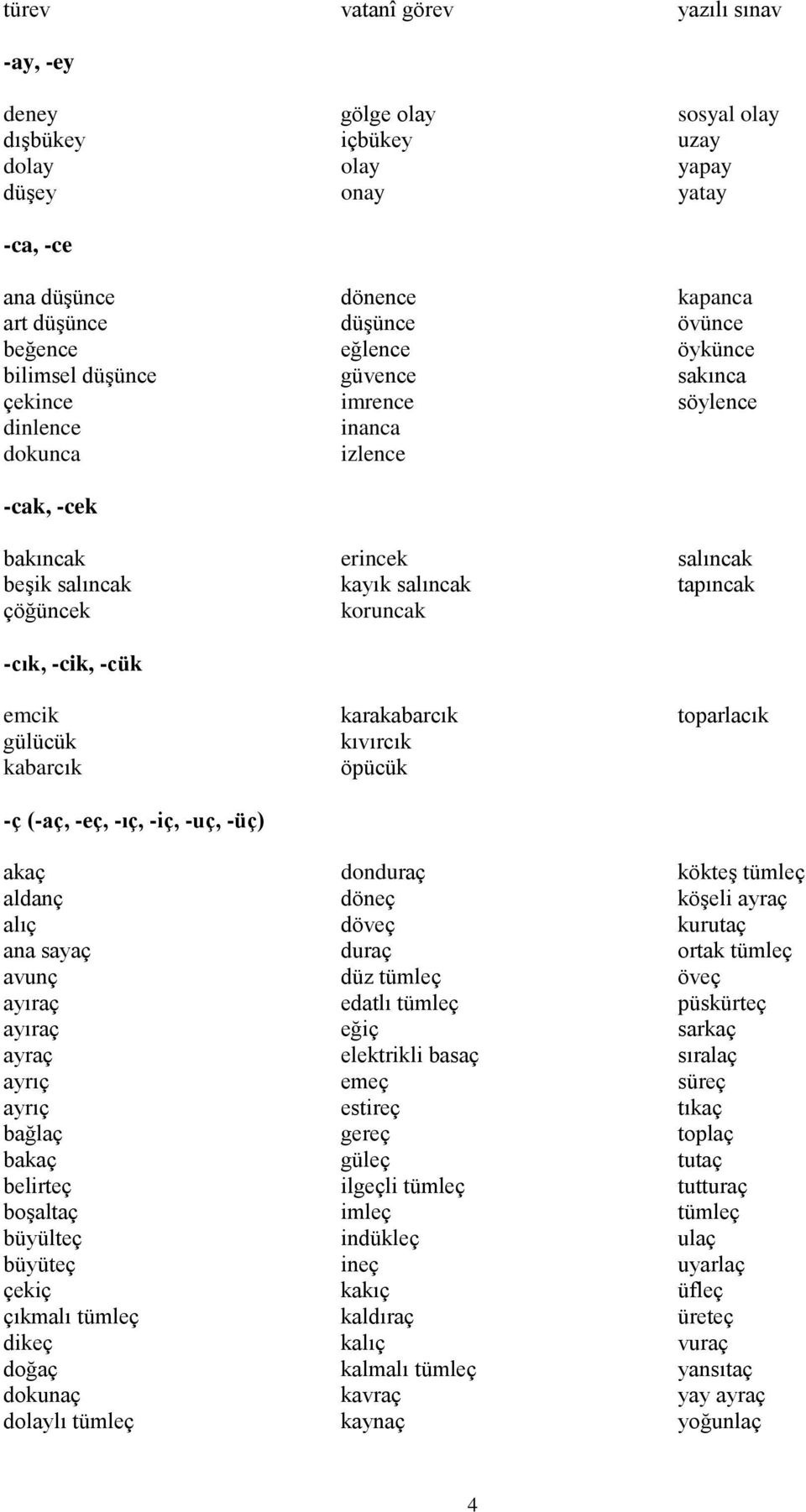 çıkmalı tümleç dikeç doğaç dokunaç dolaylı tümleç gölge olay içbükey olay onay dönence düşünce eğlence güvence imrence inanca izlence erincek kayık salıncak koruncak karakabarcık kıvırcık öpücük