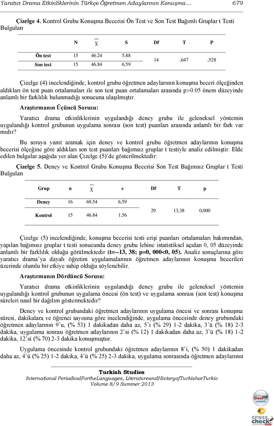 59 14,647,528 Çizelge (4) incelendiğinde, kontrol grubu öğretmen adaylarının konuģma beceri ölçeğinden aldıkları ön test puan ortalamaları ile son test puan ortalamaları arasında p 0.