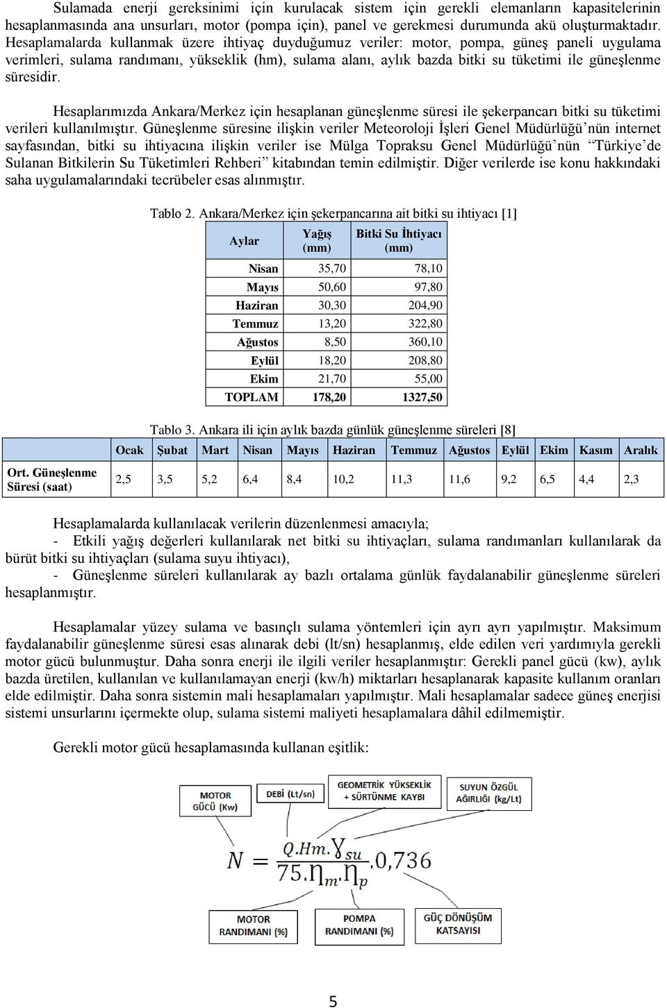 süresidir. Hesaplarımızda Ankara/Merkez için hesaplanan güneşlenme süresi ile şekerpancarı bitki su tüketimi verileri kullanılmıştır.