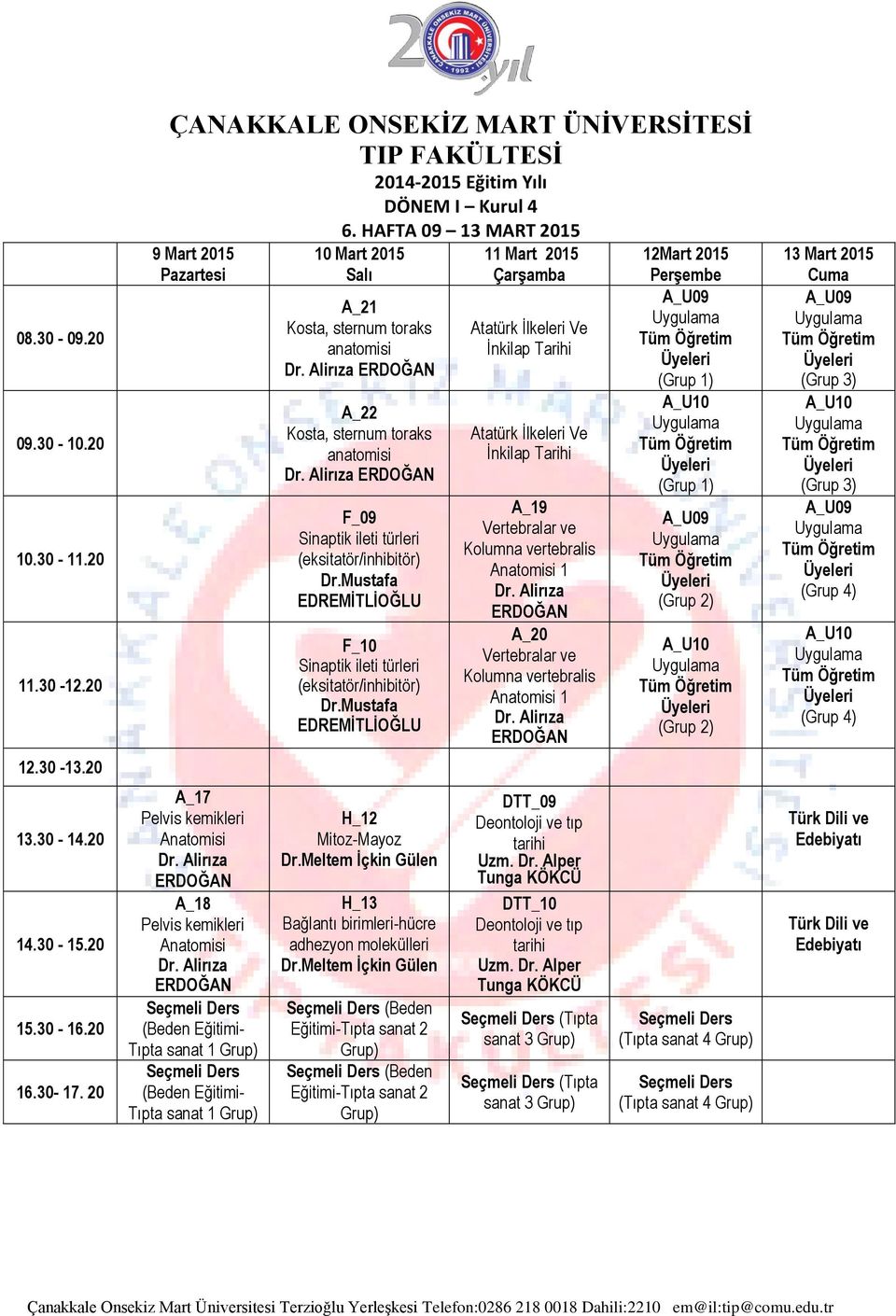 Sinaptik ileti türleri (eksitatör/inhibitör) H_12 Mitoz-Mayoz H_13 Bağlantı birimleri-hücre adhezyon molekülleri (Beden (Beden 11 Mart 2015 A_19 Vertebralar ve