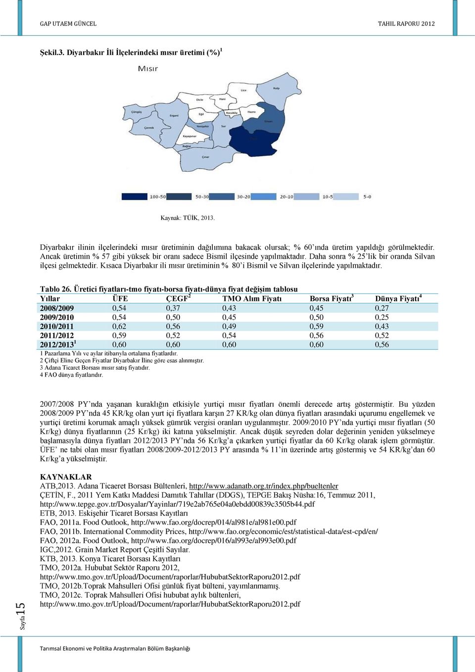 Daha sonra % 5 lik bir oranda Silvan ilçesi gelmektedir. Kısaca Diyarbakır ili mısır üretiminin % 80 i Bismil ve Silvan ilçelerinde yapılmaktadır. Tablo 6.