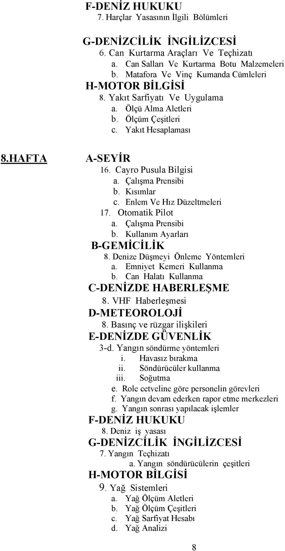 Çalışma Prensibi b. Kullanım Ayarları 8. Denize Düşmeyi Önleme Yöntemleri a. Emniyet Kemeri Kullanma b. Can Halatı Kullanma C-DENİZDE HABERLEŞME 8. VHF Haberleşmesi 8. Basınç ve rüzgar ilişkileri 3-d.