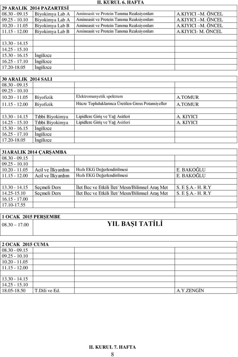 TOMUR Biyofizik Hücre Topluluklarınca Üretilen Gross Potansiyeller A.TOMUR Tıbbi Lipidlere Giriş ve Yağ Asitleri A. KIYICI Tıbbi Lipidlere Giriş ve Yağ Asitleri A.