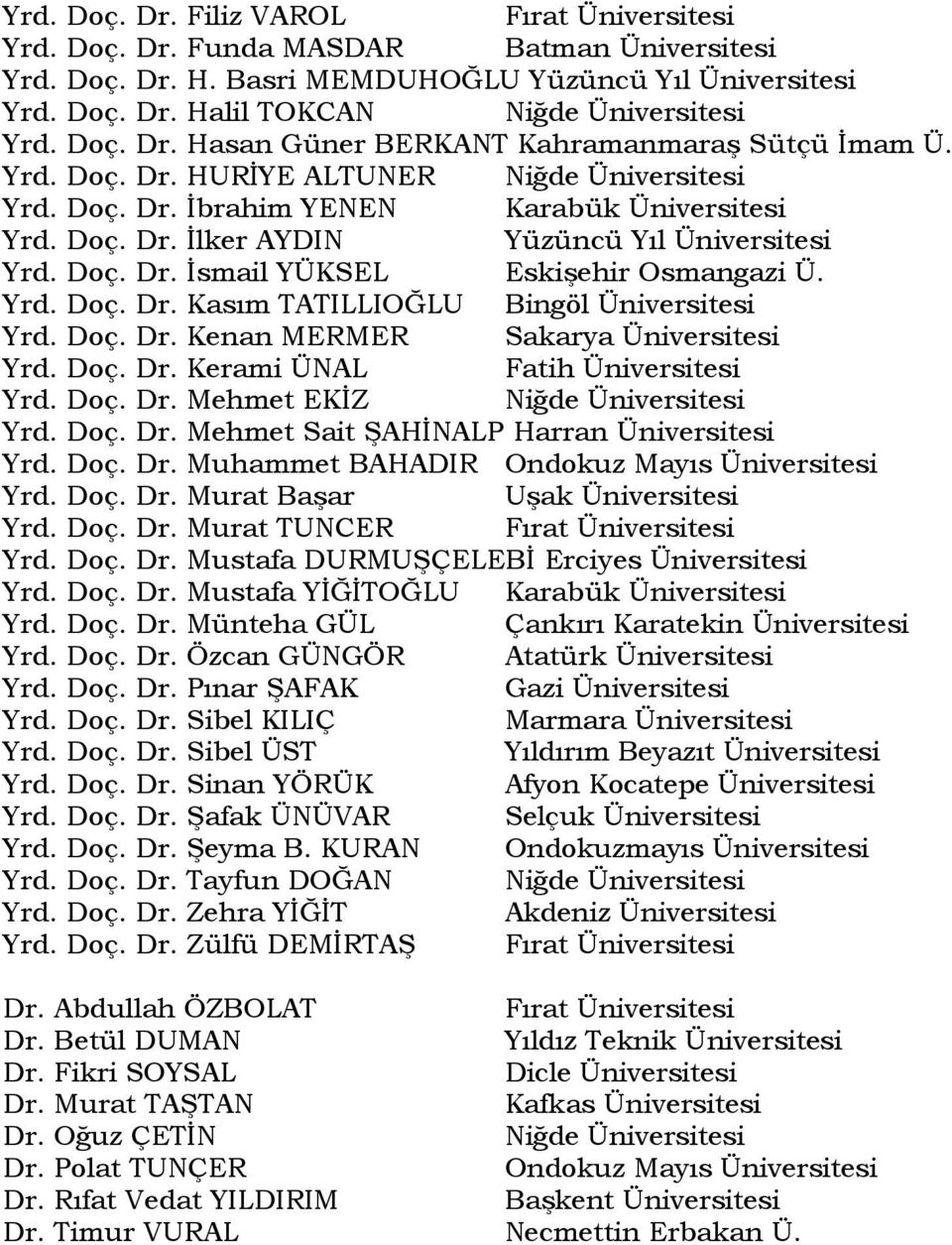 Yrd. Doç. Dr. Kasım TATILLIOĞLU Bingöl Üniversitesi Yrd. Doç. Dr. Kenan MERMER Sakarya Üniversitesi Yrd. Doç. Dr. Kerami ÜNAL Fatih Üniversitesi Yrd. Doç. Dr. Mehmet EKĠZ Niğde Üniversitesi Yrd. Doç. Dr. Mehmet Sait ġahġnalp Harran Üniversitesi Yrd.