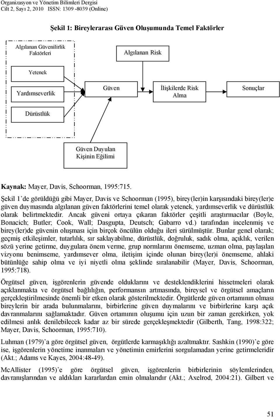 Şekil 1 de görüldüğü gibi Mayer, Davis ve Schoorman (1995), birey(ler)in karşısındaki birey(ler)e güven duymasında algılanan güven faktörlerini temel olarak yetenek, yardımseverlik ve dürüstlük