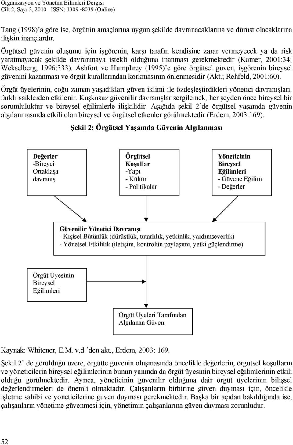 1996:333). Ashfort ve Humphrey (1995) e göre örgütsel güven, işgörenin bireysel güvenini kazanması ve örgüt kurallarından korkmasının önlenmesidir (Akt.; Rehfeld, 2001:60).