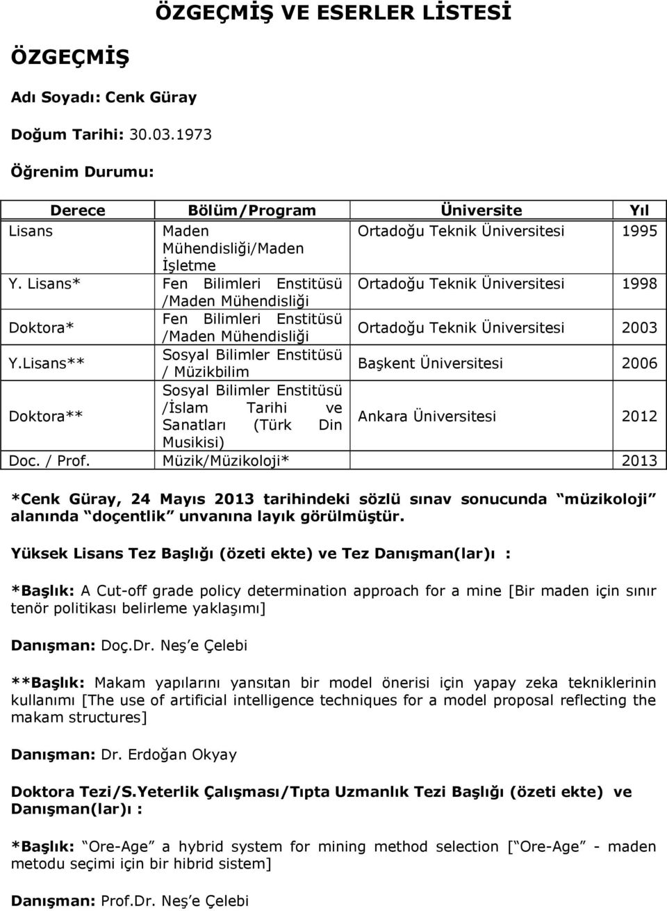 Lisans* Fen Bilimleri Enstitüsü Ortadoğu Teknik Üniversitesi 1998 /Maden Mühendisliği Doktora* Fen Bilimleri Enstitüsü /Maden Mühendisliği Ortadoğu Teknik Üniversitesi 2003 Y.