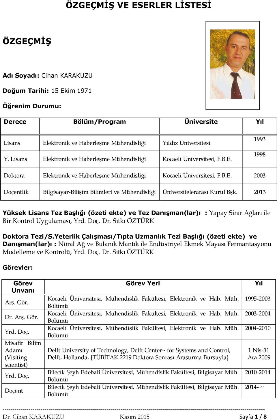 2013 Yüksek Lisans Tez Başlığı (özeti ekte) ve Tez Danışman(lar)ı : Yapay Sinir Ağları ile Bir Kontrol Uygulaması, Yrd. Doç. Dr. Sıtkı ÖZTÜRK Doktora Tezi/S.