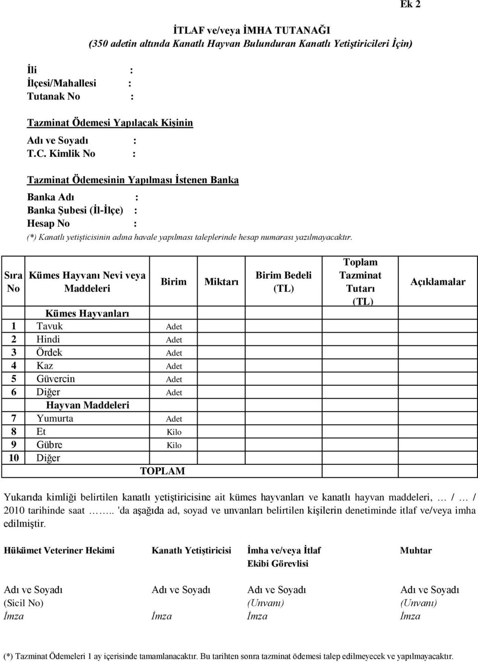 Ek 2 İTLAF ve/veya İMHA TUTANAĞI (350 adetin altında Kanatlı Hayvan Bulunduran Kanatlı Yetiştiricileri İçin) Sıra No Kümes Hayvanı Nevi veya Maddeleri Birim Kümes Hayvanları 1 Tavuk Adet 2 Hindi Adet