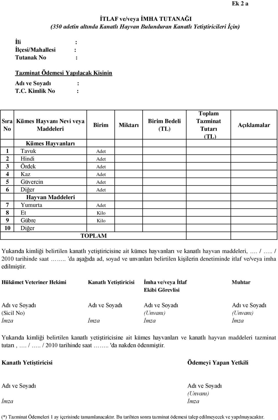 Adet 2 Hindi Adet 3 Ördek Adet 4 Kaz Adet 5 Güvercin Adet 6 Diğer Adet Hayvan Maddeleri 7 Yumurta Adet 8 Et Kilo 9 Gübre Kilo 10 Diğer TOPLAM Miktarı Birim Bedeli (TL) Toplam Tazminat Tutarı (TL)