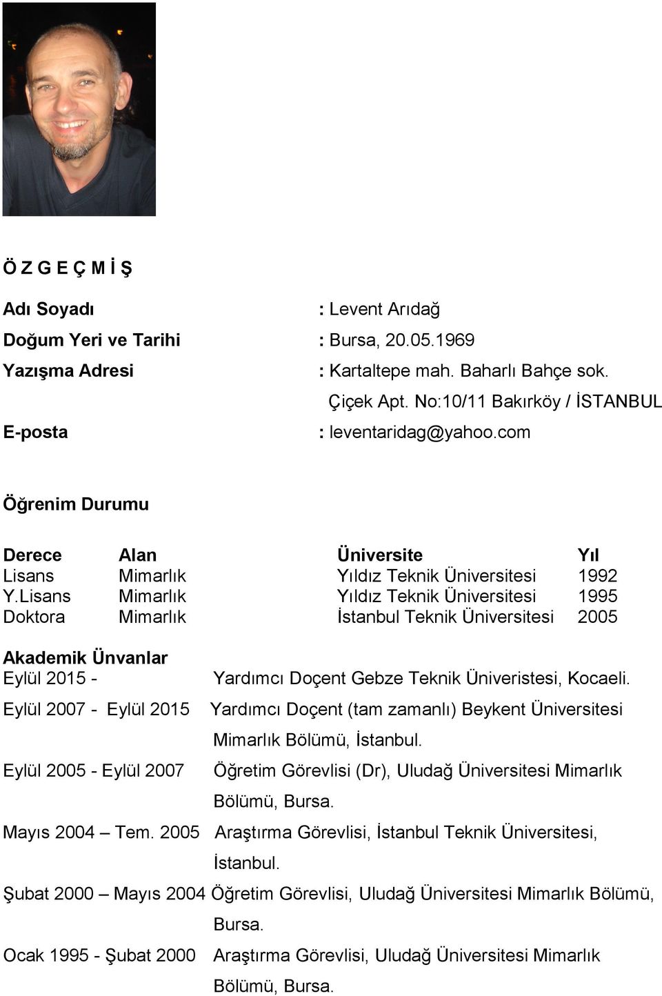 Lisans Mimarlık Yıldız Teknik Üniversitesi 1995 Doktora Mimarlık İstanbul Teknik Üniversitesi 2005 Akademik Ünvanlar Eylül 2015 - Eylül 2007 - Eylül 2015 Eylül 2005 - Eylül 2007 Yardımcı Doçent Gebze